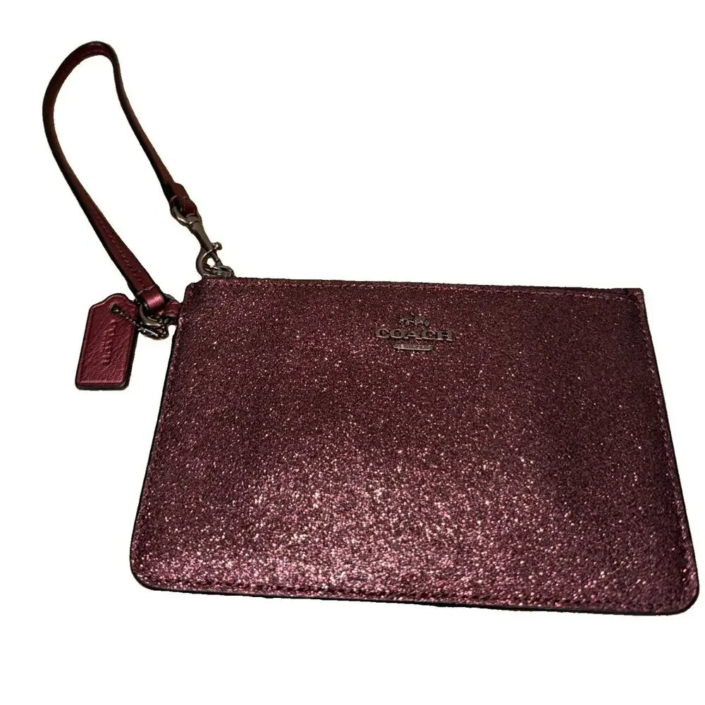 NWT Coach Glitter Small Wristlet Metallic Cherry Zip Pouch Clutch Wallet F64585